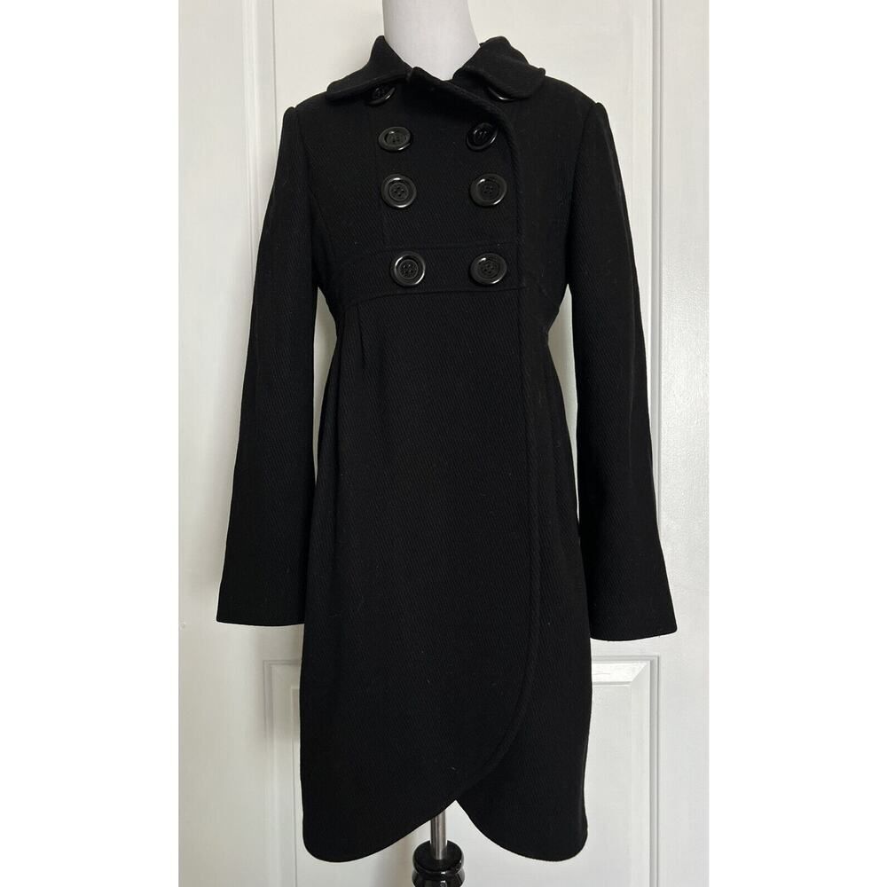 Kate Spade 100% Wool Double Breasted Black Designer Classic Coat Chic Size M/6
